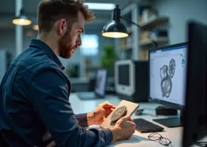 Предприниматель в мастерской 3D‑печати держит напечатанную деталь, на столе ноутбук с CAD‑моделью и образцы продукции