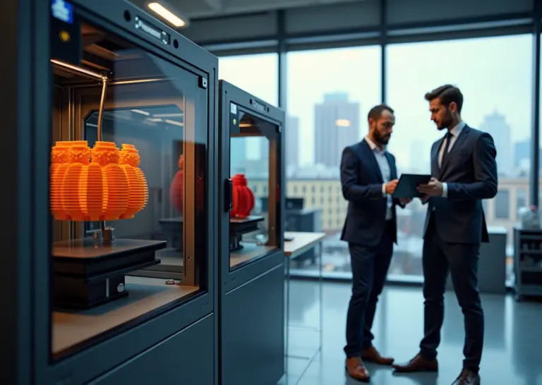 Производственное помещение с металл‑3D‑принтером и настольным 3D‑принтером, предприниматель и инженер обсуждают напечатанную деталь на фоне городского пейзажа