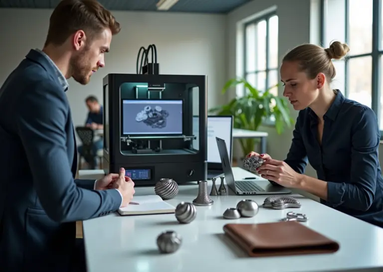 Предпринимательский офис с работающим 3D‑принтером, ноутбуком с CAD‑моделью и образцами напечатанных деталей