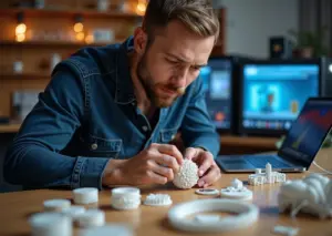 Небольшая мастерская 3D печати в России: стол с FDM и SLA принтерами, образцы изделий (ювелирные модели, стоматологические слепки, запчасть для авто, архитектурный макет) и предприниматель за ноутбуком