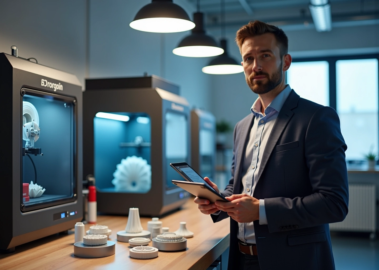 Современная мастерская малого бизнеса с несколькими типами 3D принтеров и предпринимателем с планшетом, демонстрирующим 3D модель