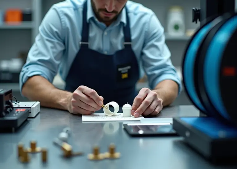 Техник у столового FDM 3D принтера регулирует сопло, на столе напечатанные детали с примерами дефектов и исправленными образцами, инструменты для калибровки и сушилка филамента на заднем плане