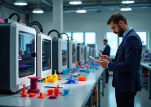 Мастерская с несколькими FDM 3D‑принтерами, напечатанные прототипы на столе, предприниматель с планшетом проверяет параметры печати