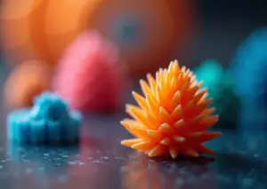 Крупный план очистки сопла 3D принтера иглой и чистящей нитью на рабочем столе с катушками филамента и запасными соплами