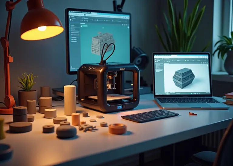 Рабочее место малого бизнеса: 3D‑принтер, ноутбук с маркетплейсом 3D‑моделей и напечатанные прототипы на столе