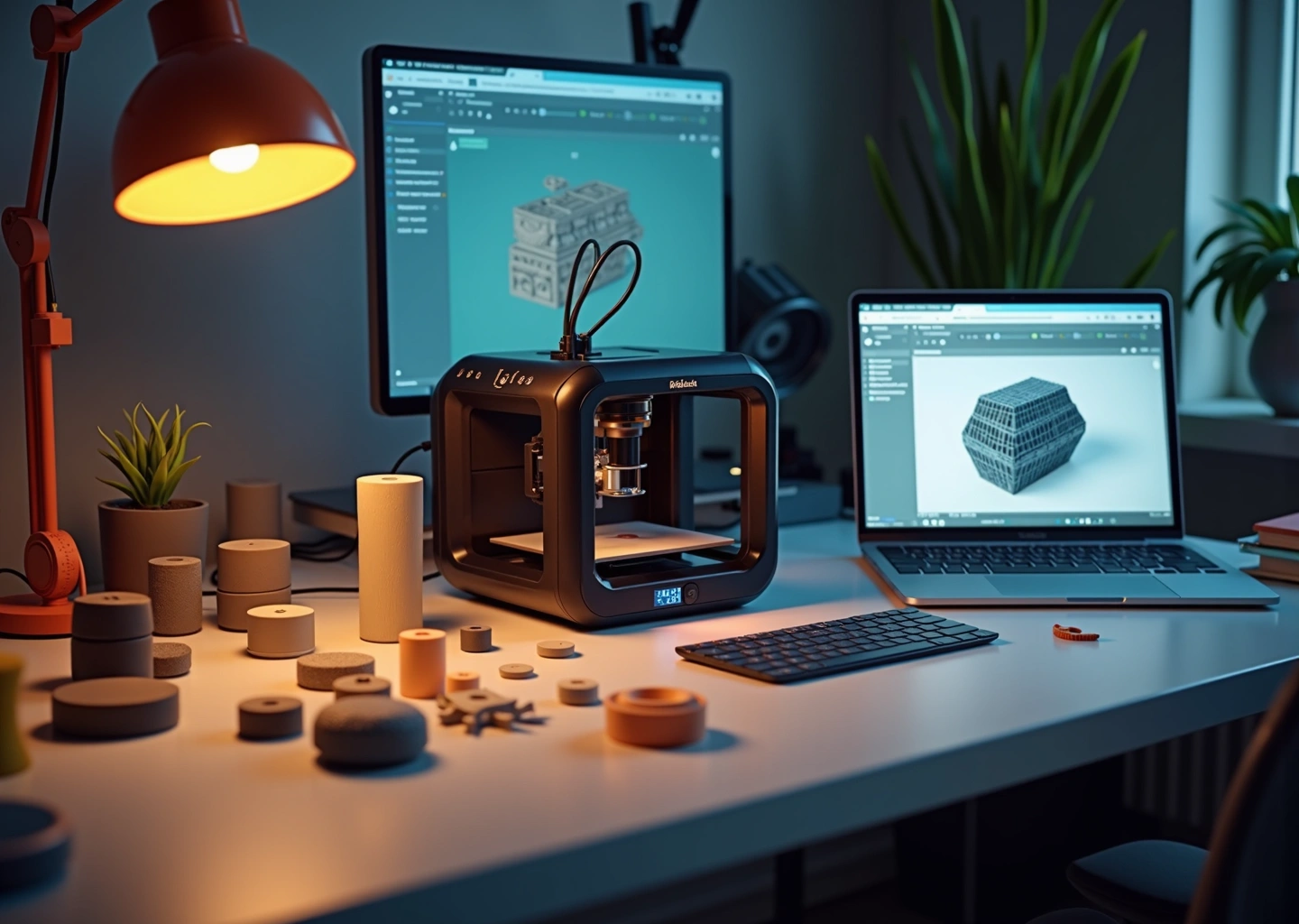 Рабочее место малого бизнеса: 3D‑принтер, ноутбук с маркетплейсом 3D‑моделей и напечатанные прототипы на столе