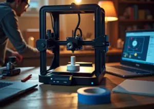 Фотография рабочего стола 3D принтера модель прочно пристала к нагретому столу вокруг видны клей-карандаш лента PEI цифровой штангенциркуль и ноутбук с настройками слайсера