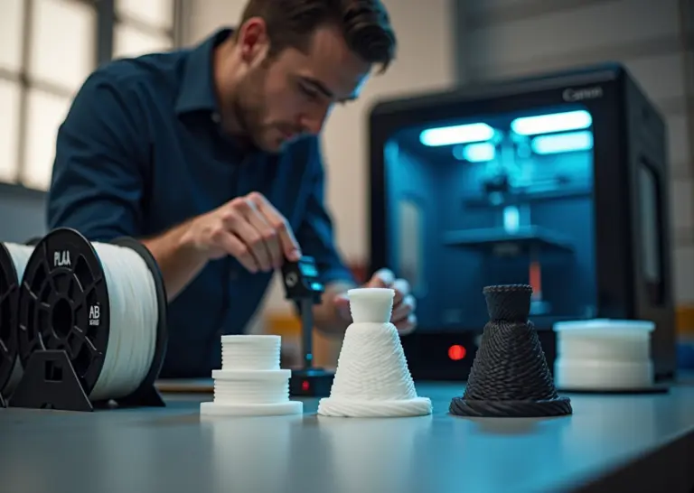 Рабочая мастерская: три 3D‑детали подписаны PLA ABS PETG, FDM‑принтер и шпули филамента на столе, предприниматель измеряет деталь штангенциркулем