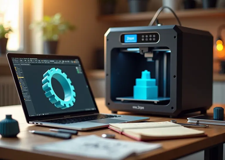 Рабочее место с ноутбуком, открытым слайсером, печатающим 3D‑принтером и готовыми 3D‑изделиями, иллюстрирующее использование бесплатного ПО для бизнеса