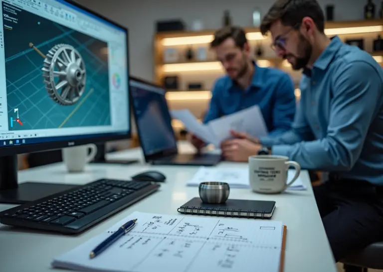 Рабочее место с компьютером где на экране CAD модель для 3D печати и работающий 3D принтер на переднем плане; двое сотрудников обсуждают прототип