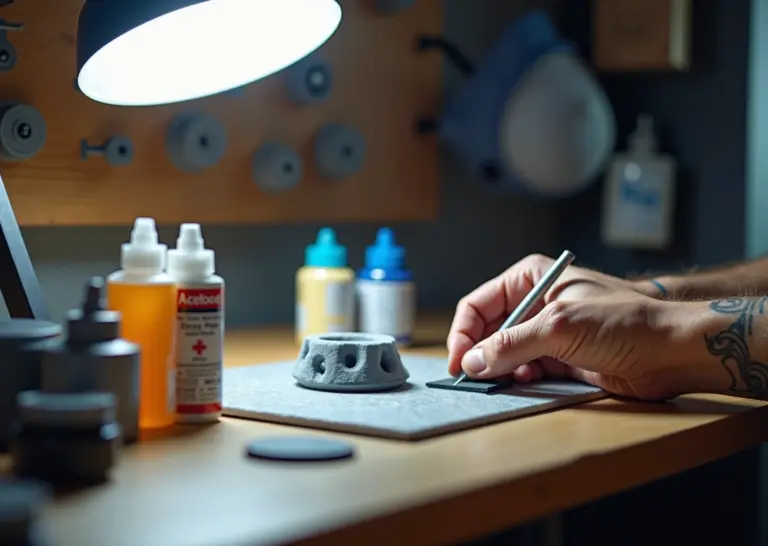 Работник шлифует FDM‑деталь шкуркой рядом с банкой ацетона, эпоксидной смолой, тубой цианоакрилата и баллонами краски в аккуратной мастерской