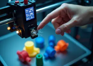 Крупный план сопла 3D‑принтера с видимыми нитями паутинита, рука на экране с настройками ретракта, катушки филамента и ноутбук с слайсером на фоне