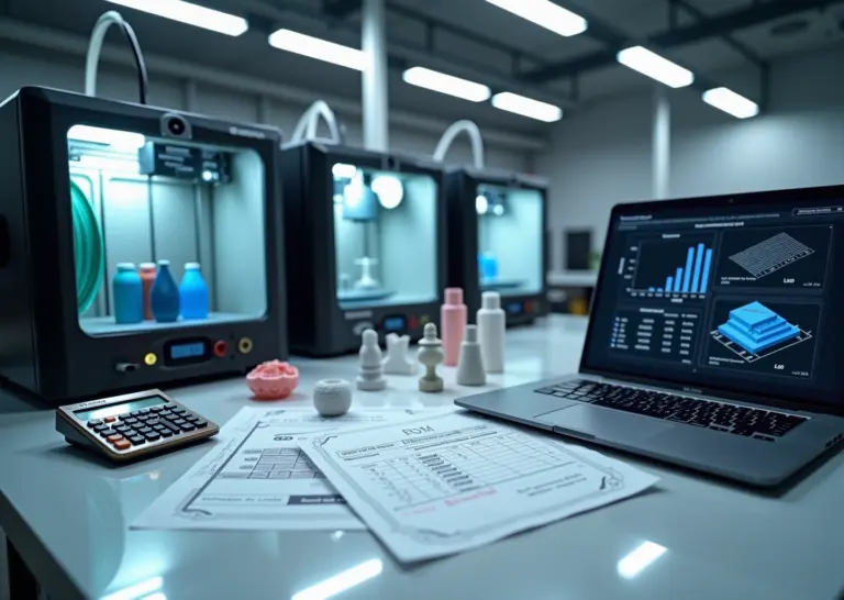 Коллаж с FDM SLA и SLS принтерами, материалай (филамент, смола, порошок), распечатанными деталями и калькулятором на столе, символизирующий расчёт себестоимости 3D-печати