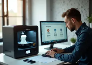 3D-принтер печатает деталь на фоне экрана с Thingiverse и значками лицензий Creative Commons; предприниматель проверяет документы и отправляет запрос автору модели