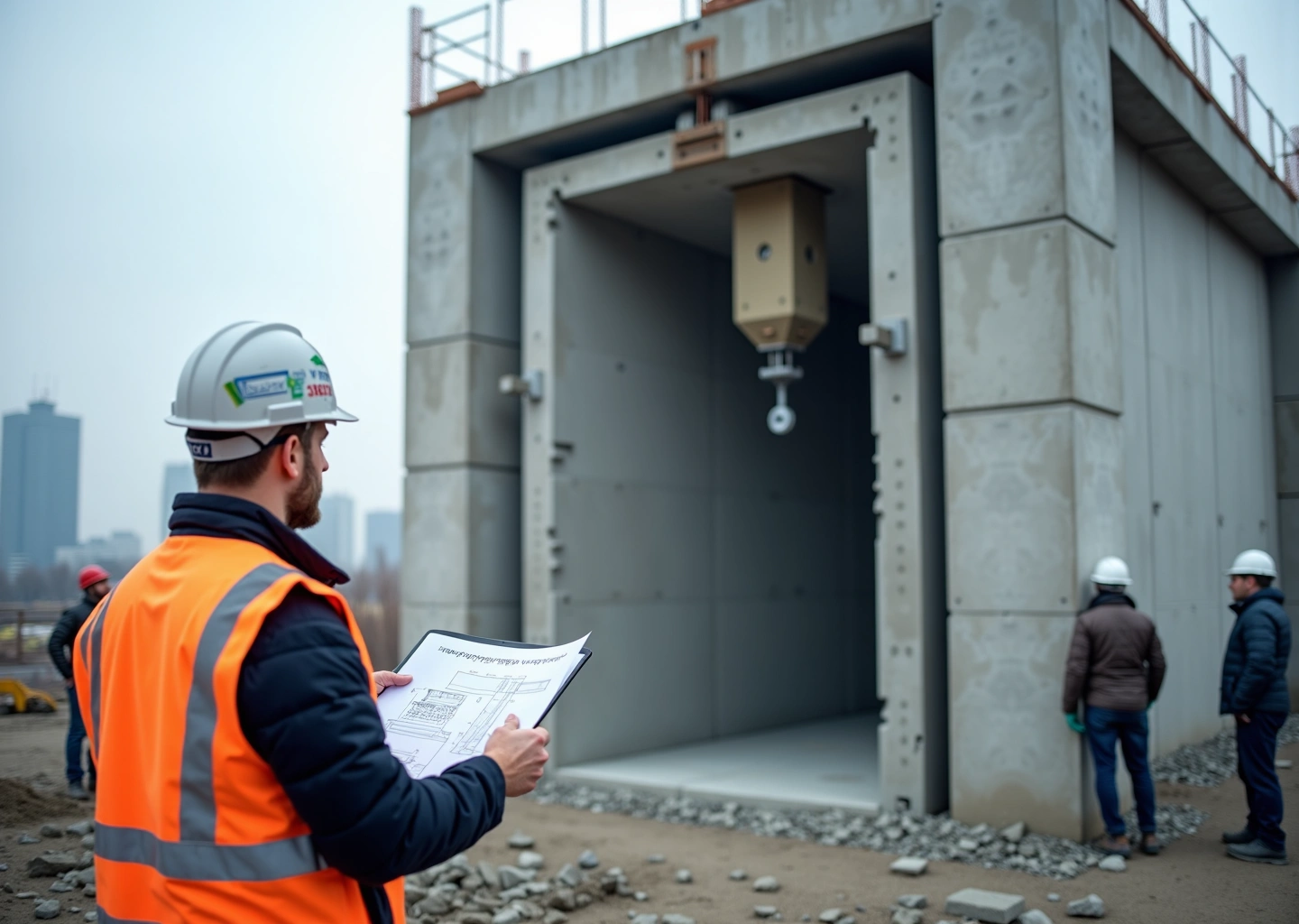 Строительный 3D‑принтер печатает стену дома на российском строительном участке, инженер с планами наблюдает за процессом