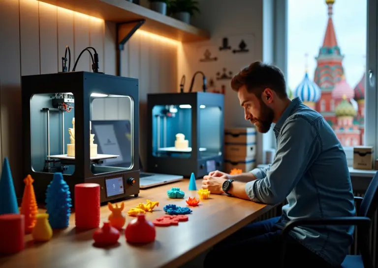 Фотография мастерской 3D‑печати: принтеры в работе, готовые сувениры и упаковка на столе на фоне силуэта московских достопримечательностей