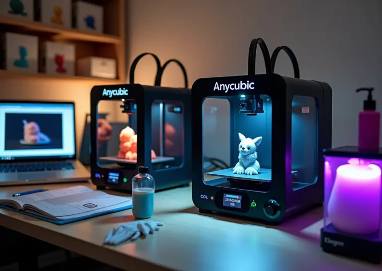 Два настольных фотополимерных принтера Anycubic и Elegoo печатают миниатюры в небольшой российской мастерской, рядом флаконы смолы, станция сушки и инструменты.