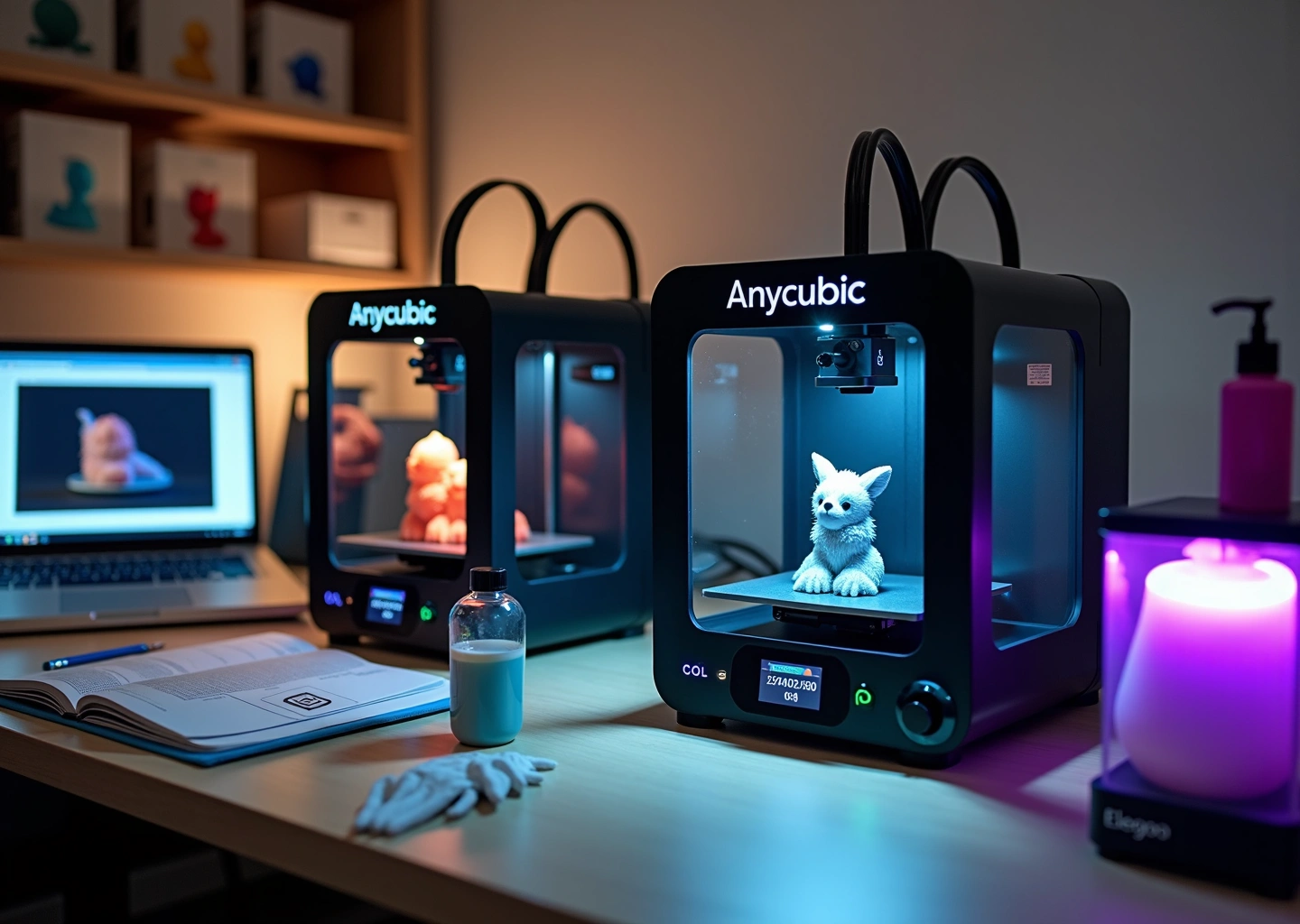 Два настольных фотополимерных принтера Anycubic и Elegoo печатают миниатюры в небольшой российской мастерской, рядом флаконы смолы, станция сушки и инструменты.