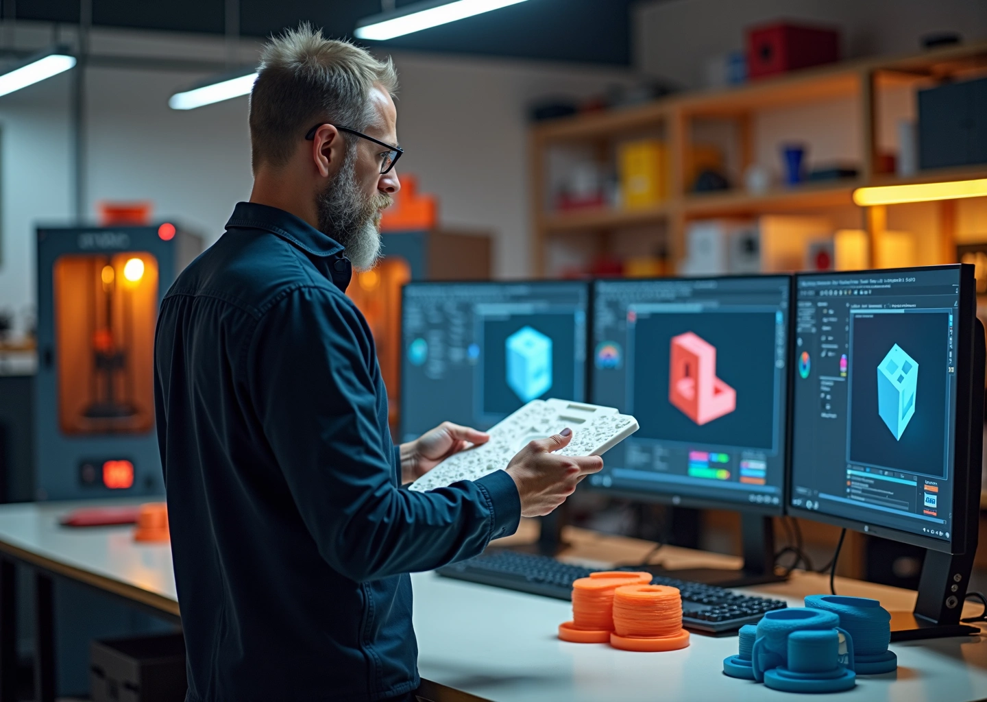 Мастерская 3D‑печати с монитором, где открыты Cura PrusaSlicer и Simplify3D, инженер держит напечатанный прототип