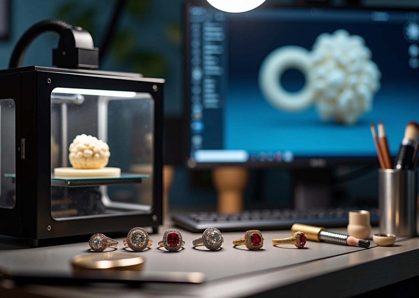Мастерская ювелира: 3D‑принтер, напечатанная восковая модель кольца, компьютер с 3D‑моделью и готовые полированные украшения на столе