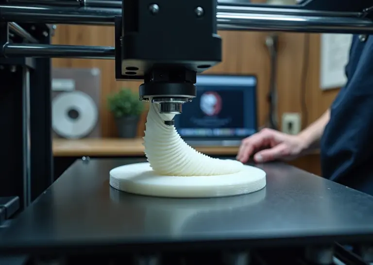 Близкий план FDM принтера с напечатанной деталью с пропусками слоёв и волнистой поверхностью, техник проверяет ремень и муфту на столе мастерской