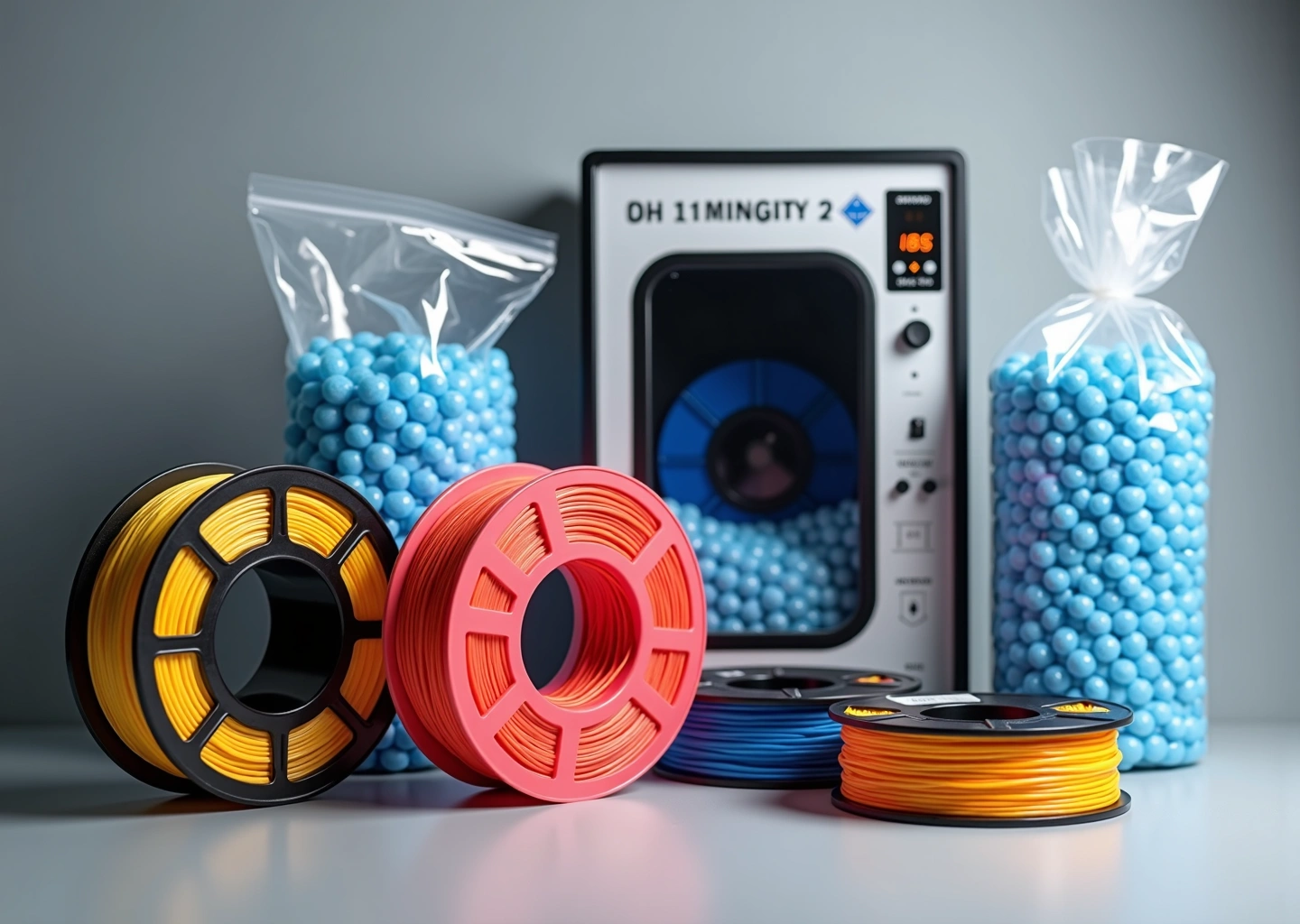 Катушки филамента рядом с вакуумной упаковкой, силикагелем и гигрометром в герметичном боксе