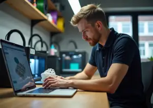 Мастерская 3D‑печати: принтеры, напечатанные образцы и предприниматель с ноутбуком