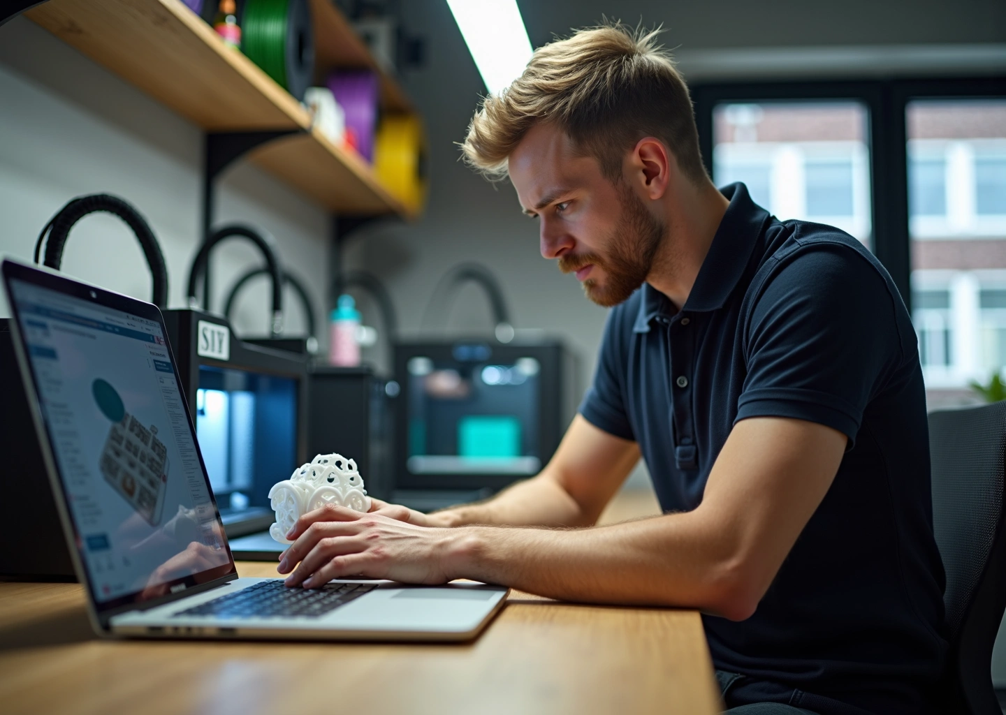 Мастерская 3D‑печати: принтеры, напечатанные образцы и предприниматель с ноутбуком