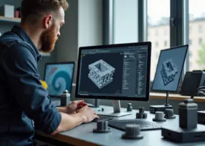 Рабочее пространство российского стартапа с 3D‑принтером в процессе печати и инженером, просматривающим CAD‑модель на ноутбуке