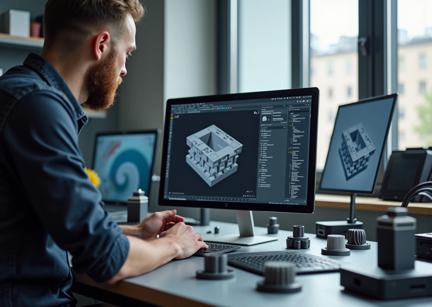 Рабочее пространство российского стартапа с 3D‑принтером в процессе печати и инженером, просматривающим CAD‑модель на ноутбуке