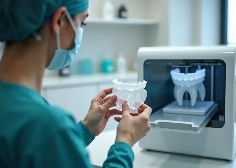 Стоматолог демонстрирует 3D‑печатный хирургический шаблон и временную коронку на фоне печатающего 3D‑принтера в клинике