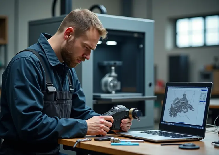 Инженер сканирует сломанную деталь, на экране ноутбука видна восстановленная 3D‑модель, рядом печатает 3D‑принтер