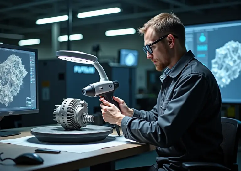 Техник сканирует металлическую деталь профессиональным 3D‑сканером на фоне 3D‑принтера и экрана с CAD‑моделью