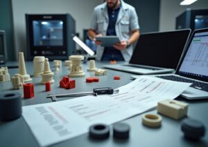 Рабочее пространство студии 3D‑печати с напечатанными деталями, калькулятором цены на ноутбуке и 3D‑принтерами на заднем плане