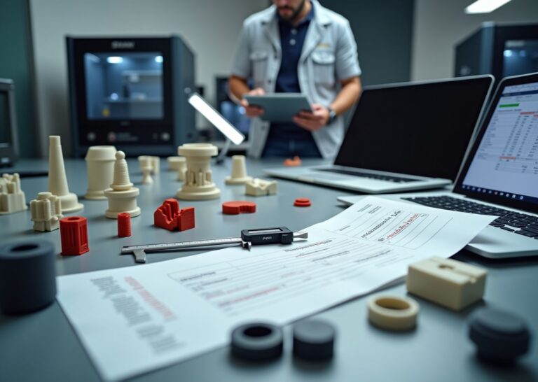 Рабочее пространство студии 3D‑печати с напечатанными деталями, калькулятором цены на ноутбуке и 3D‑принтерами на заднем плане