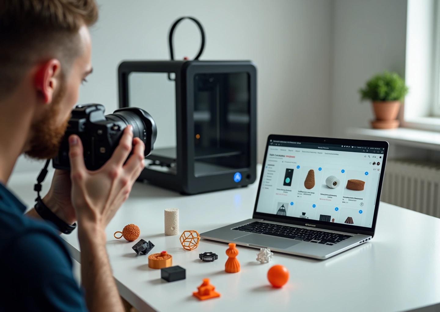 Современная студия 3D печати: принтер, готовые изделия на столе и экран ноутбука с карточкой товара на кириллице