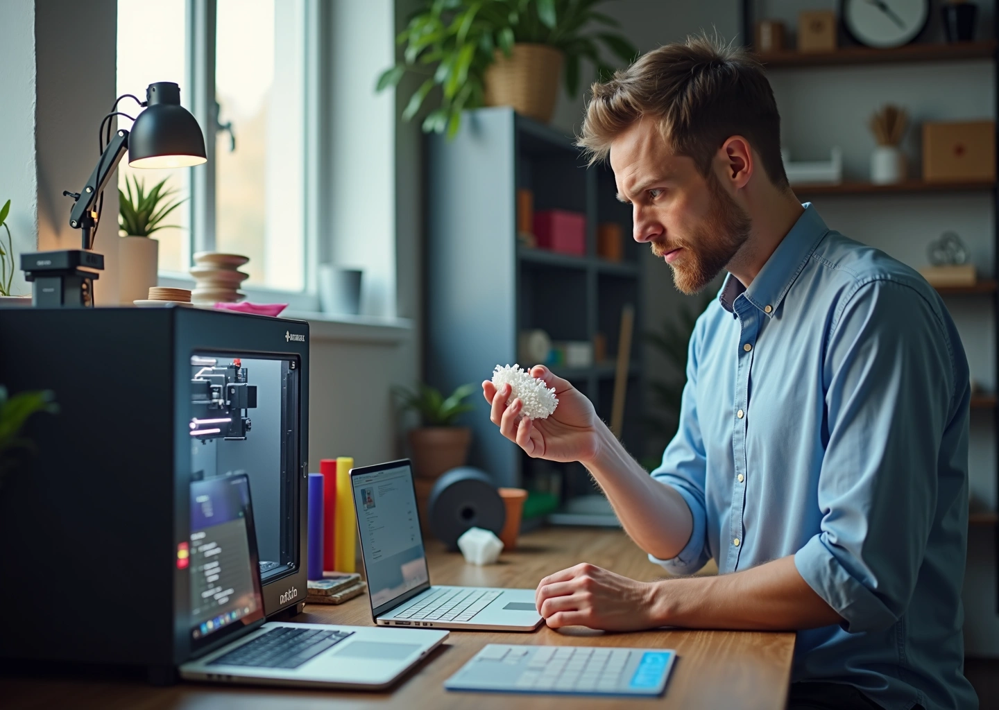 Современный российский 3D-принтер в малом производственном цеху инженер осматривает напечатанный прототип на рабочем столе рядом с катушками материала и ноутбуком