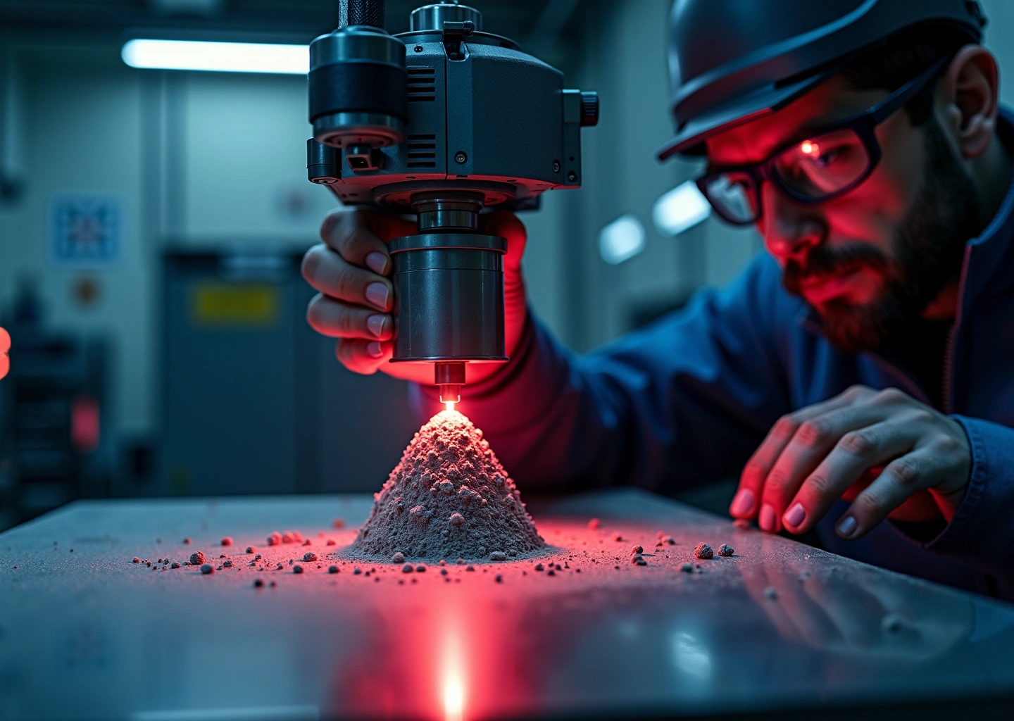 Фотография производственной ячейки металлической 3D печати SLM/DMLS с оператором, металлической деталью со сложной решетчатой структурой и контейнерами с порошком на фоне российского промышленного цеха