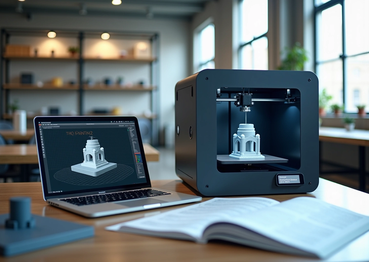 Интерьер мастерской 3D‑печати: рабочее место с принтером, CAD на ноутбуке и папкой с документами для регистрации бизнеса ИП и ООО