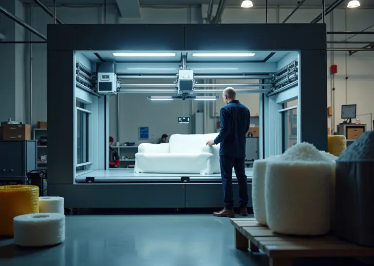 Крупноформатный 3D принтер в производственном цехе печатает крупную деталь, оператор контролирует процесс, рядом материалы и инструменты для постобработки