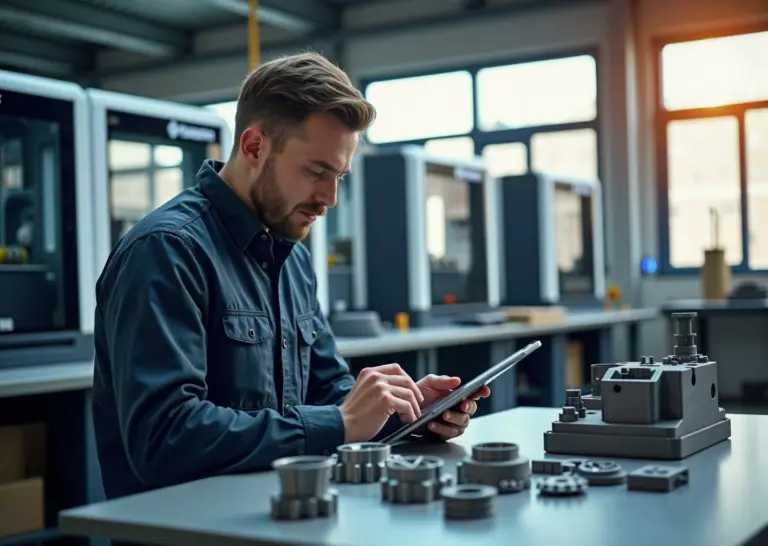 Мастерская с 3D‑принтерами и пресс‑формой для литья пластмасс, предприниматель осматривает небольшие партии деталей