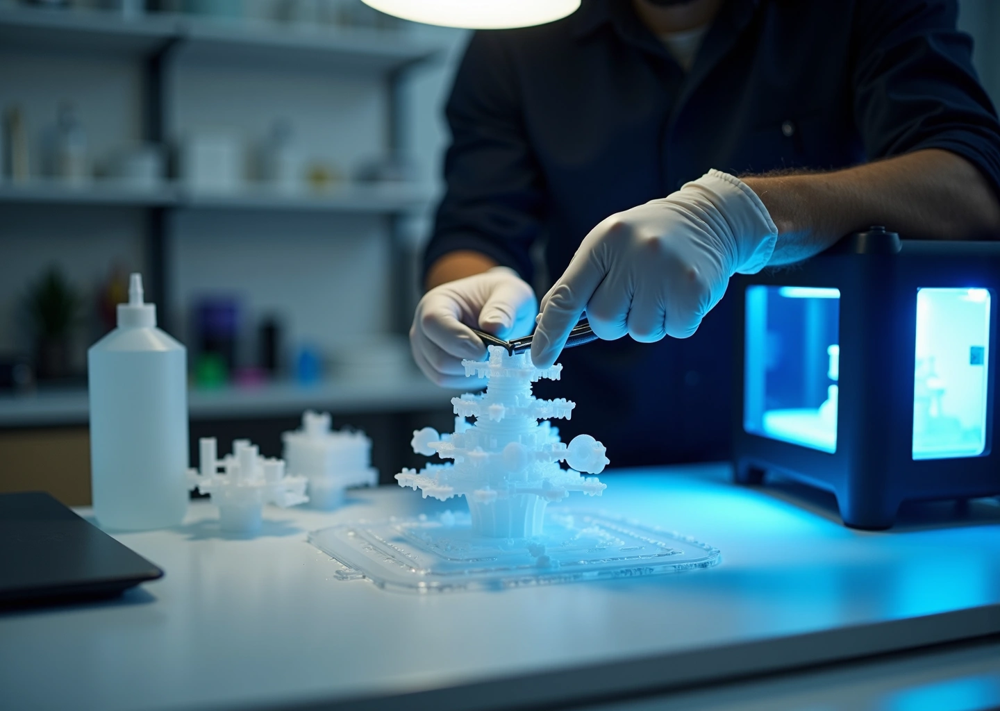 Оператор удаляет поддержки с SLA‑модели возле IPA и UV камеры в мастерской 3D‑печати