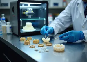 Рабочее место с SLA принтером, готовые ювелирные изделия и стоматологические модели на столе, техник в перчатках проводит постобработку