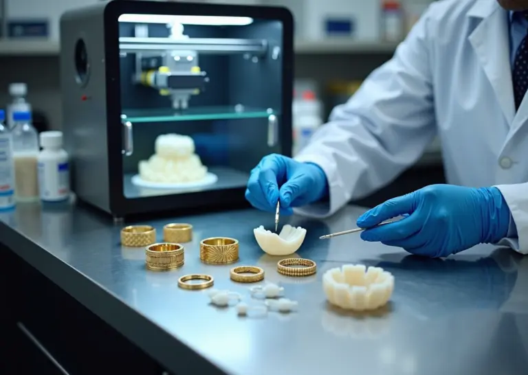 Рабочее место с SLA принтером, готовые ювелирные изделия и стоматологические модели на столе, техник в перчатках проводит постобработку