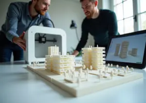 Архитектурная студия где 3D‑принтер печатает детализированный макет здания и ландшафта, рядом монитор с 3D‑моделью