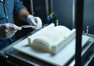 Крупная ABS деталь на нагретом столе 3D‑принтера в закрытой камере, инженер проверяет адгезию и поверхность, видны инструменты и брим для предотвращения деформации