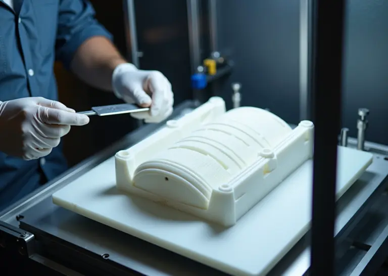 Крупная ABS деталь на нагретом столе 3D‑принтера в закрытой камере, инженер проверяет адгезию и поверхность, видны инструменты и брим для предотвращения деформации