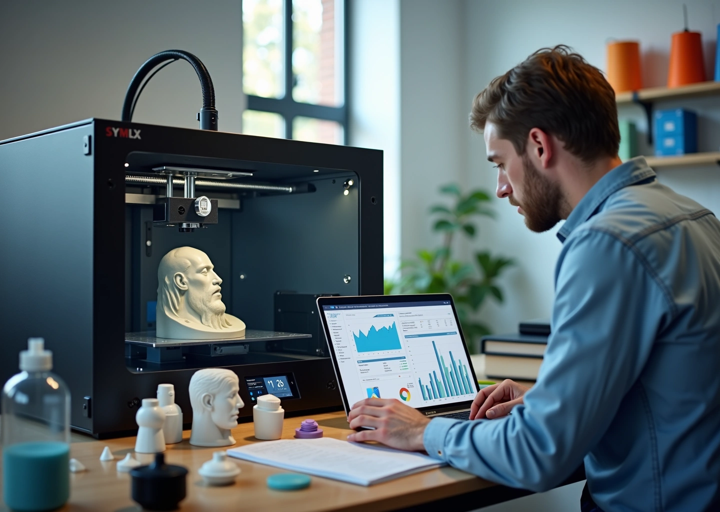 Предприниматель в мастерской у 3D‑принтера проверяет финансовую таблицу расчёта окупаемости инвестиций, на столе распечатанные детали