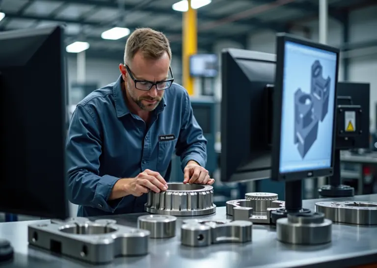 Производственный цех с промышленными 3D принтерами, оператор проверяет напечатанную деталь и оснастку на рабочем столе