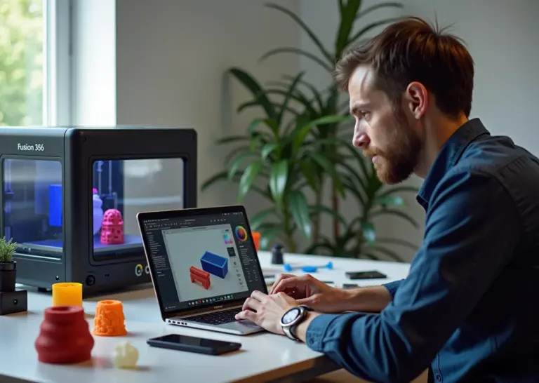 Дизайнер за ноутбуком с открытым Fusion 360, на столе 3D‑принтер и несколько готовых напечатанных прототипов в современной студии